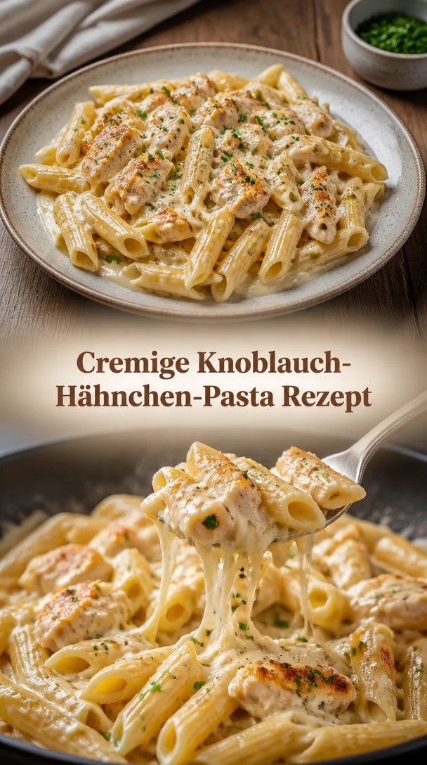 Cremige Knoblauch-Hähnchen-Pasta auf einem Teller garniert mit frischen Kräutern