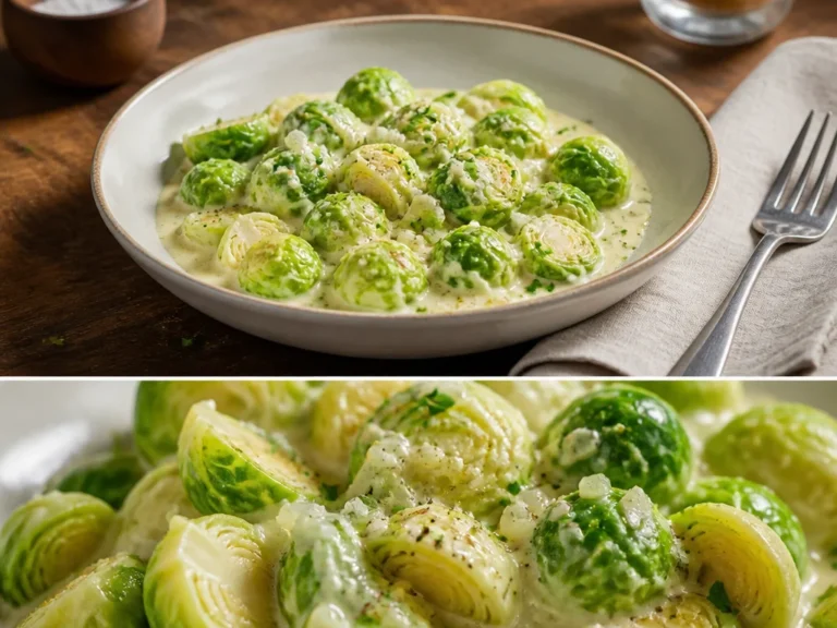 Cremiger Rosenkohl in Frischkäse-Senfsauce als Beilage serviert.