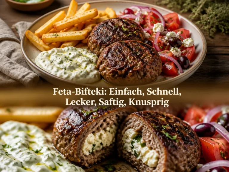 Feta-Bifteki serviert auf einem Teller, knusprig und saftig.