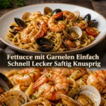 Fettucce mit Garnelen auf einem Teller, schnell und einfach zubereitet