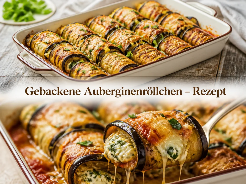 Gebackene Auberginenröllchen auf einem Teller serviert