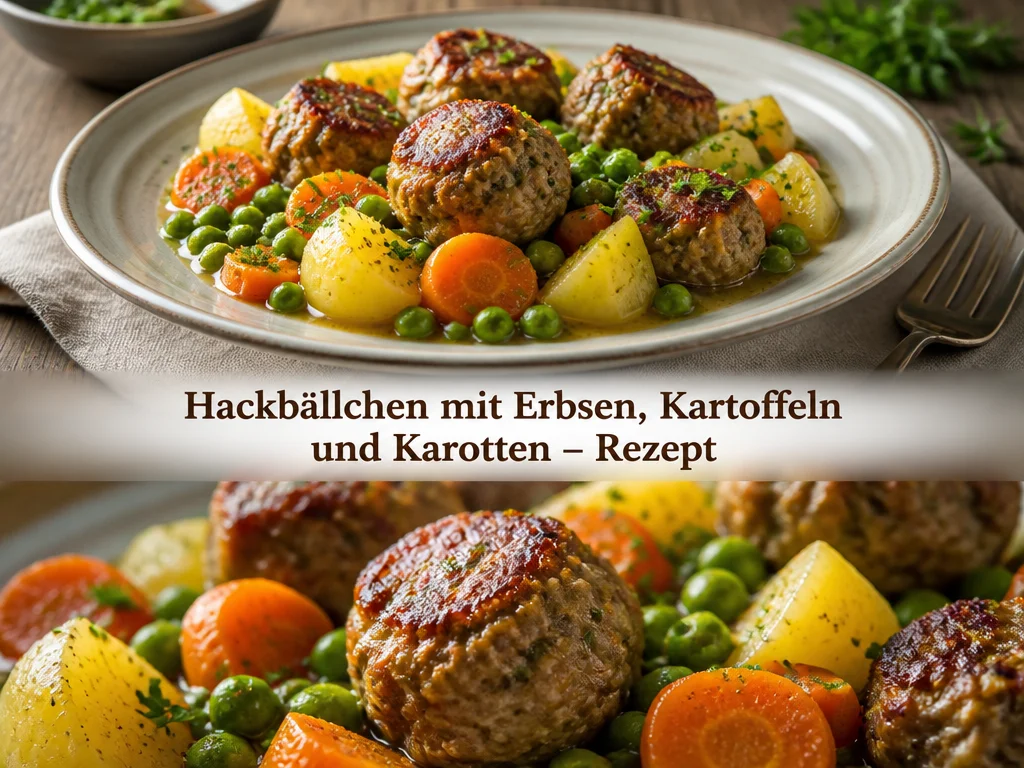 Hackbällchen mit Erbsen, Kartoffeln und Karotten auf einem Teller angerichtet