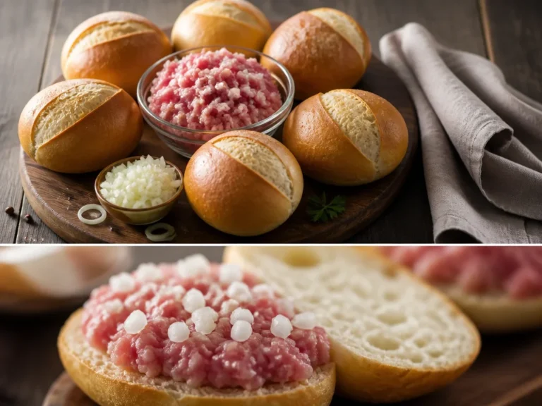Leckere Mettbrötchen mit Zwiebeln auf einem Holzbrett serviert