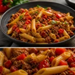 Herzhafte Nudel-Hackfleisch-Pfanne auf einem Teller serviert
