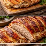 Herzhafter Räuberbraten à la Mutti auf einem rustikalen Esstisch servirrt.