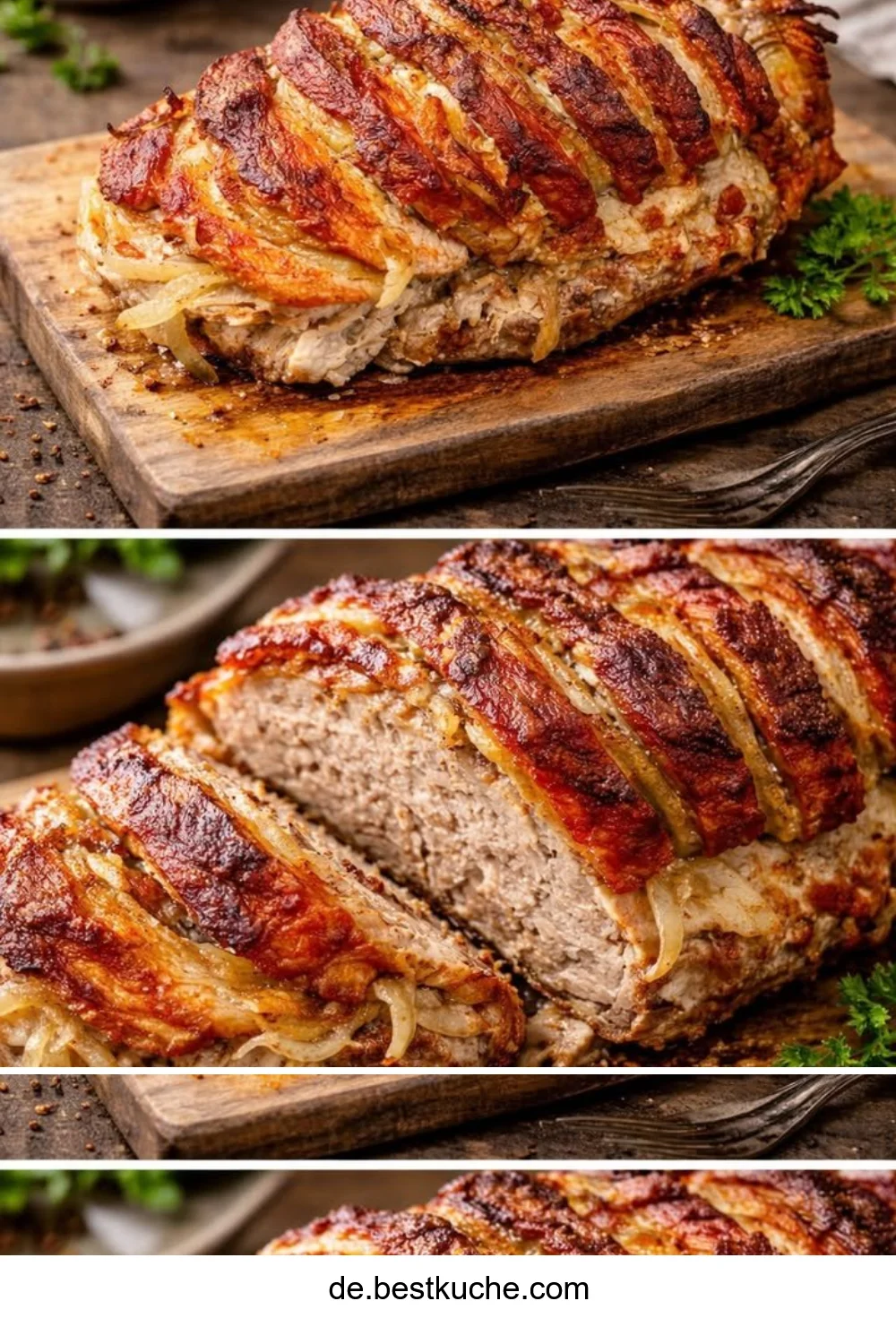 Herzhafter Räuberbraten à la Mutti auf einem rustikalen Esstisch servirrt.