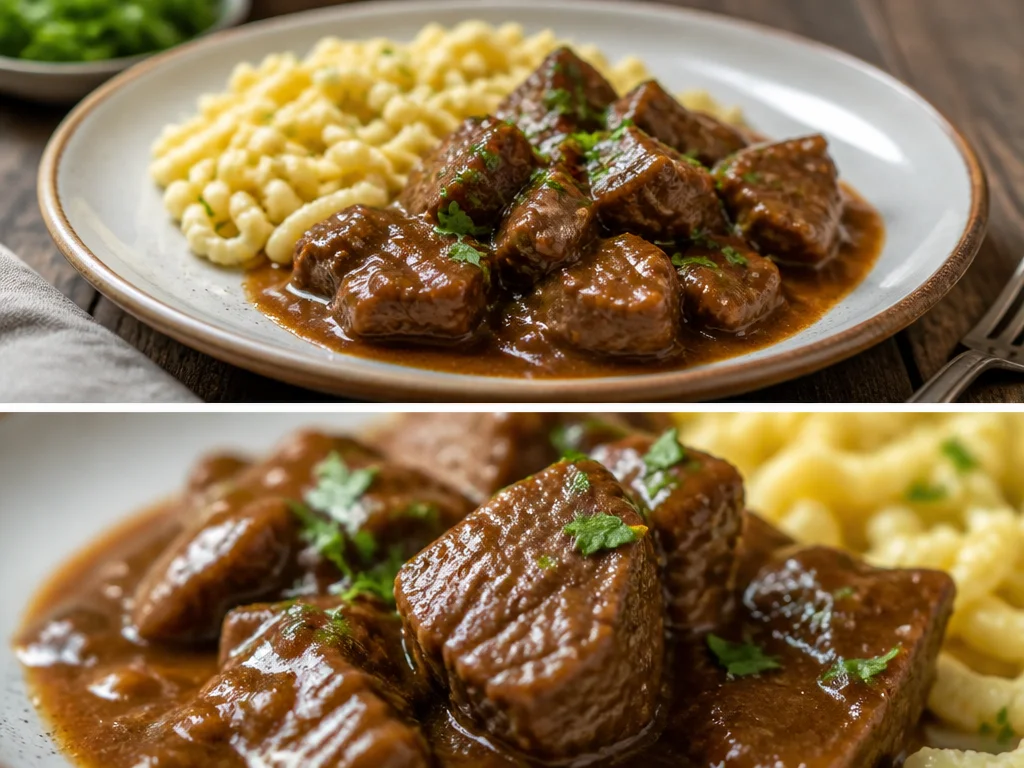 Herzhaftes Rindergulasch mit Spätzle auf einem Teller angerichtet