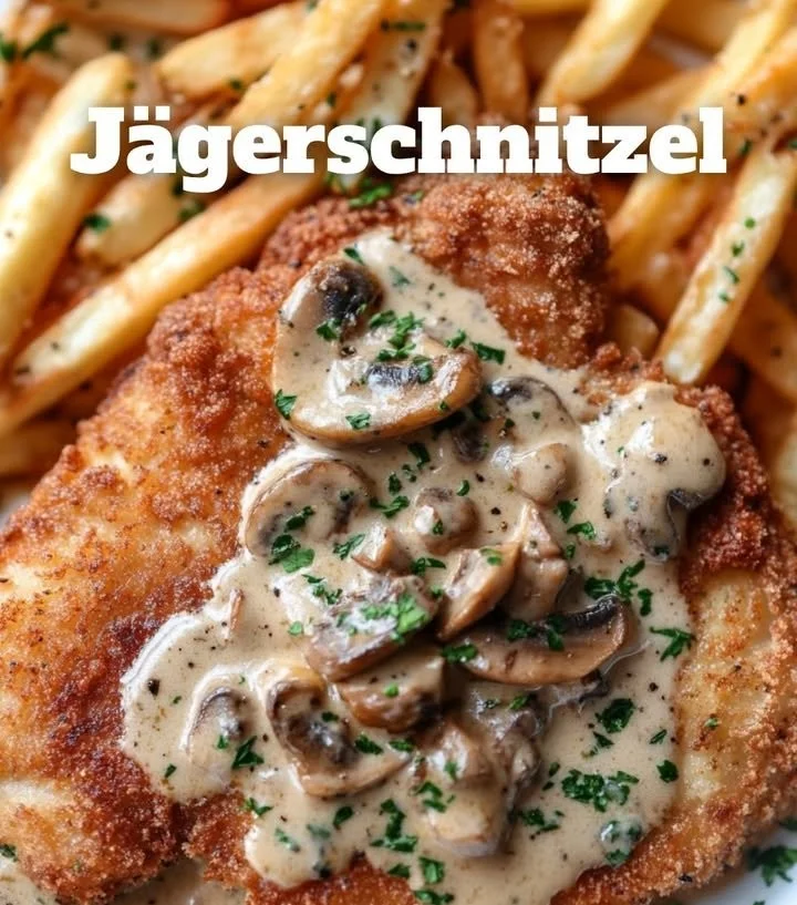 Leckeres Jägerschnitzel mit Pilzen und Sauce auf einem Teller serviert.