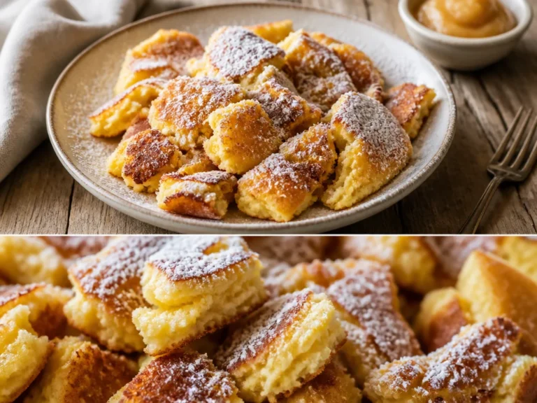 Luftiger Kaiserschmarrn mit Puderzucker und Rosinen auf einem Teller.