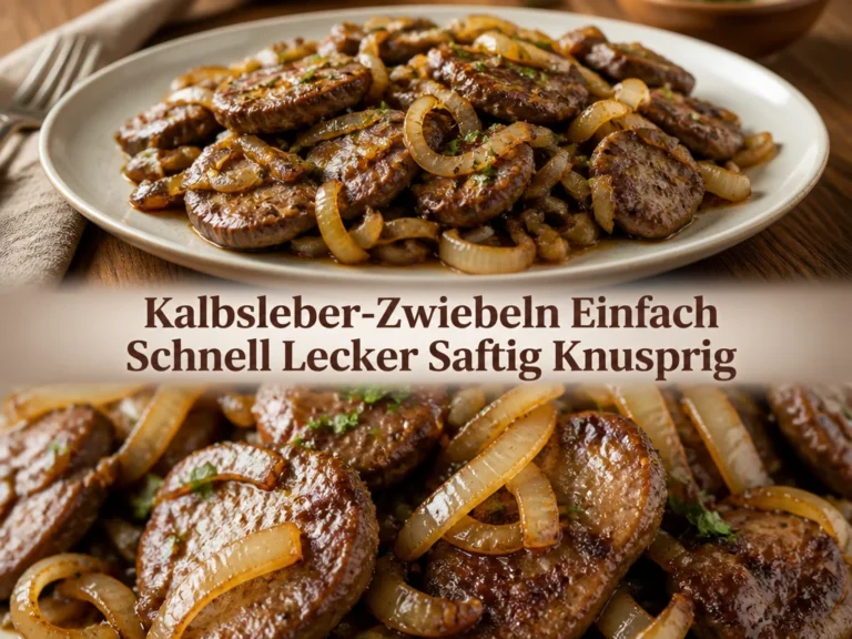 Kalbsleber-Zwiebeln serviert auf einem Teller, saftig und knusprig zubereitet.