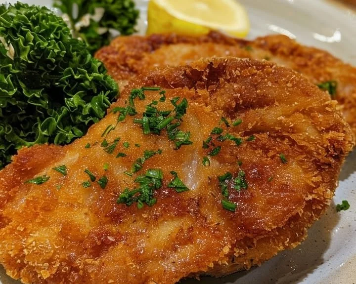 Knuspriges Deutsches Schnitzel serviert mit Beilagen