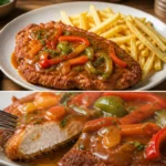 Knuspriges Schnitzel mit Paprikasauce und Pommes auf einem Teller