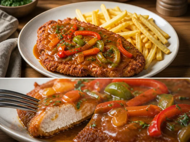 Knuspriges Schnitzel mit Paprikasauce und Pommes auf einem Teller