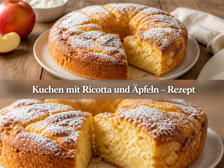 Kuchen mit Ricotta und Äpfeln auf einem Teller