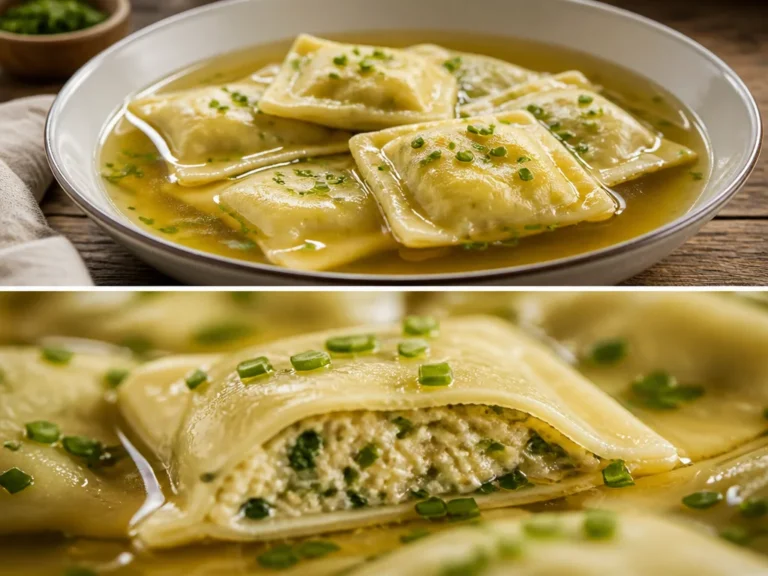 Hausgemachte Maultaschen serviert auf einem Teller mit frischen Kräutern.