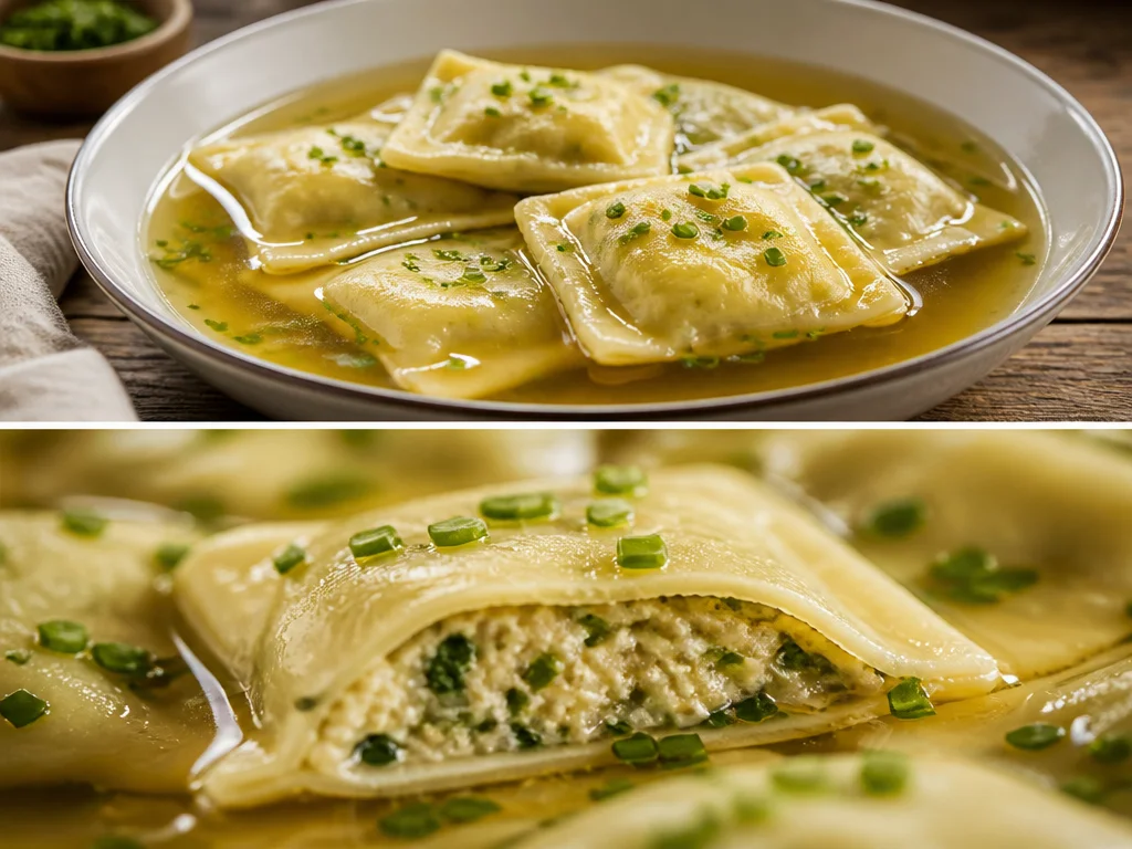 Hausgemachte Maultaschen serviert auf einem Teller mit frischen Kräutern.