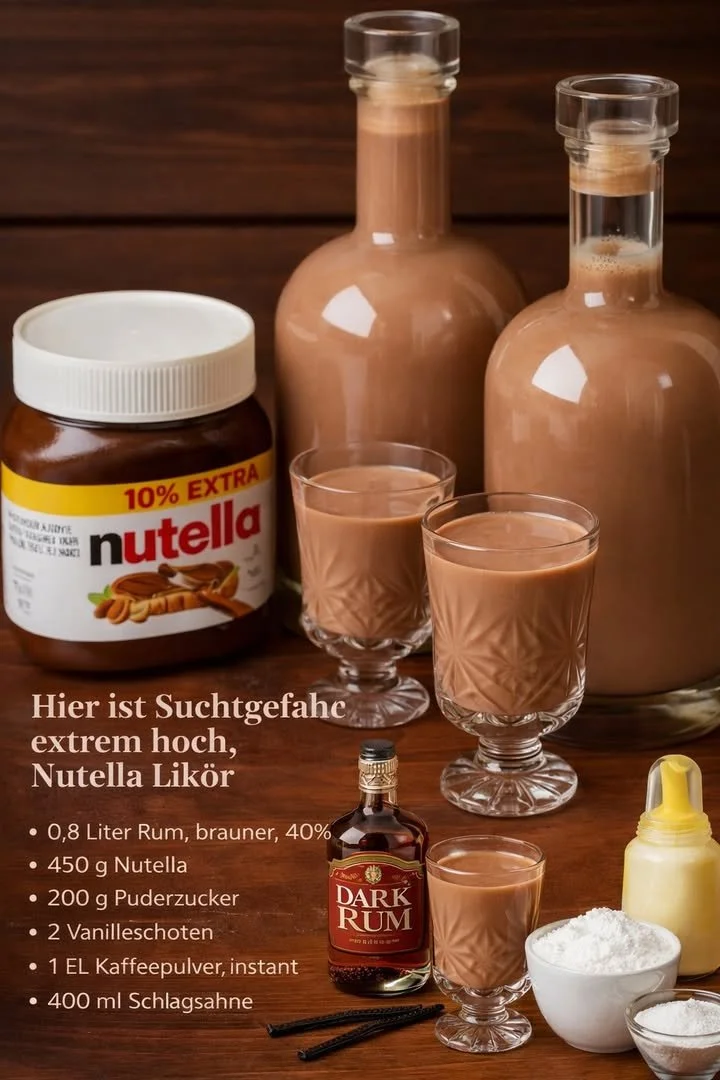 Flasche Nutella Likör auf einem Tisch mit Schokoladendekorationen