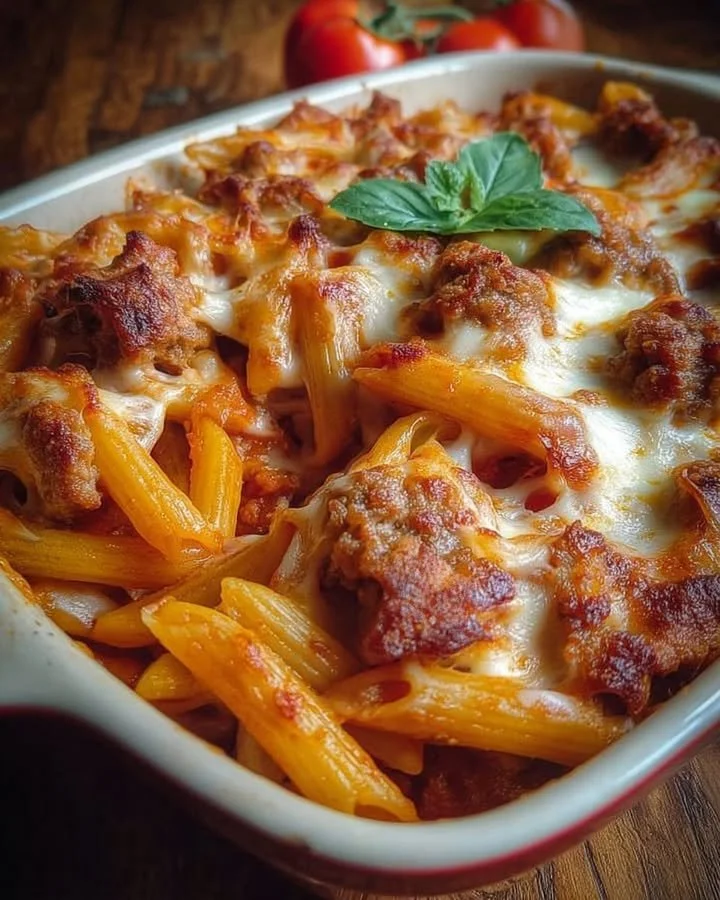 Penne aus dem Ofen mit Würstchen und Mozzarella