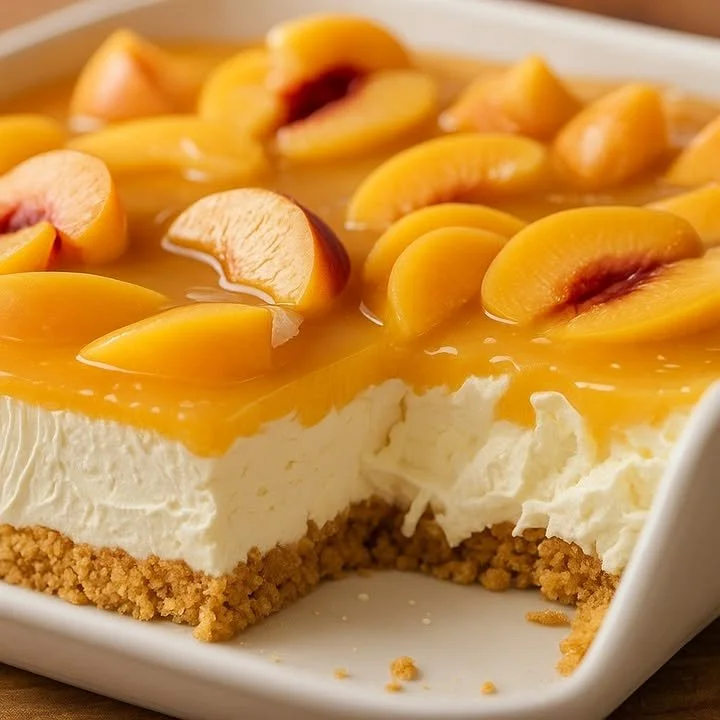 Pfirsich-Dessert mit knuspriger Basis und luftiger Creme auf einem Teller