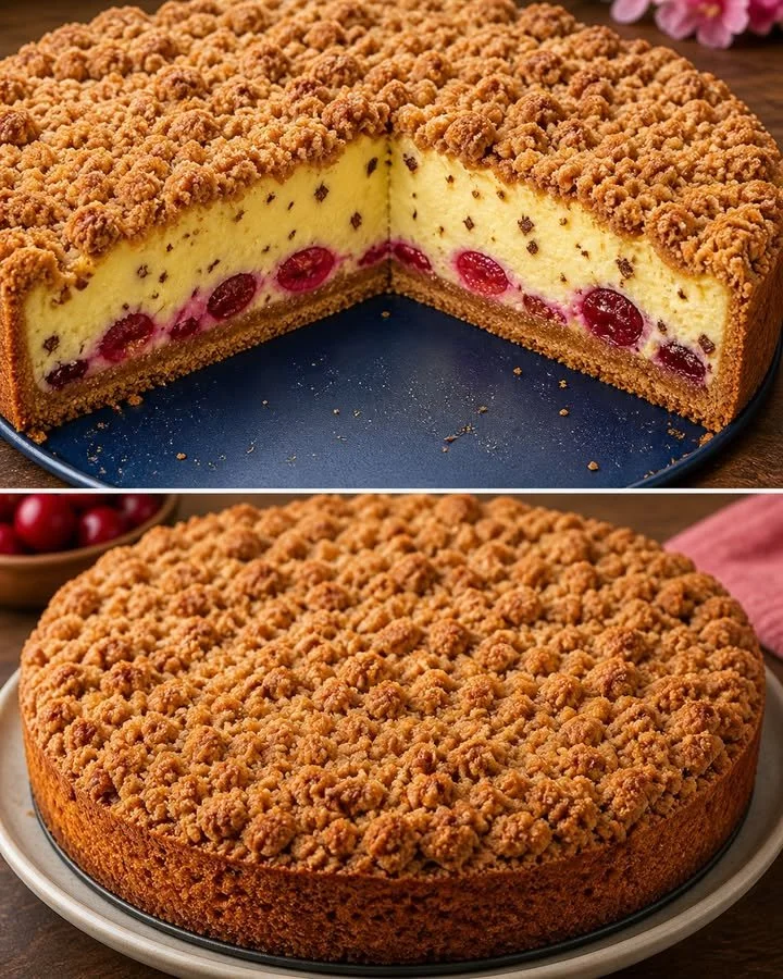 Quark Streuselkuchen mit Vanille Kirschfüllung auf einem Teller