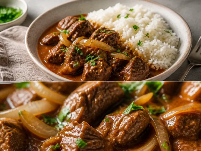 Eine appetitliche Portion Rahmgulasch in einer weißen Schale serviert.