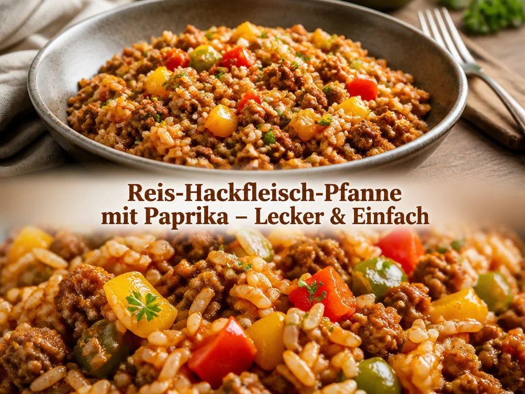 Reis-Hackfleisch-Pfanne mit Paprika auf einem Teller serviert