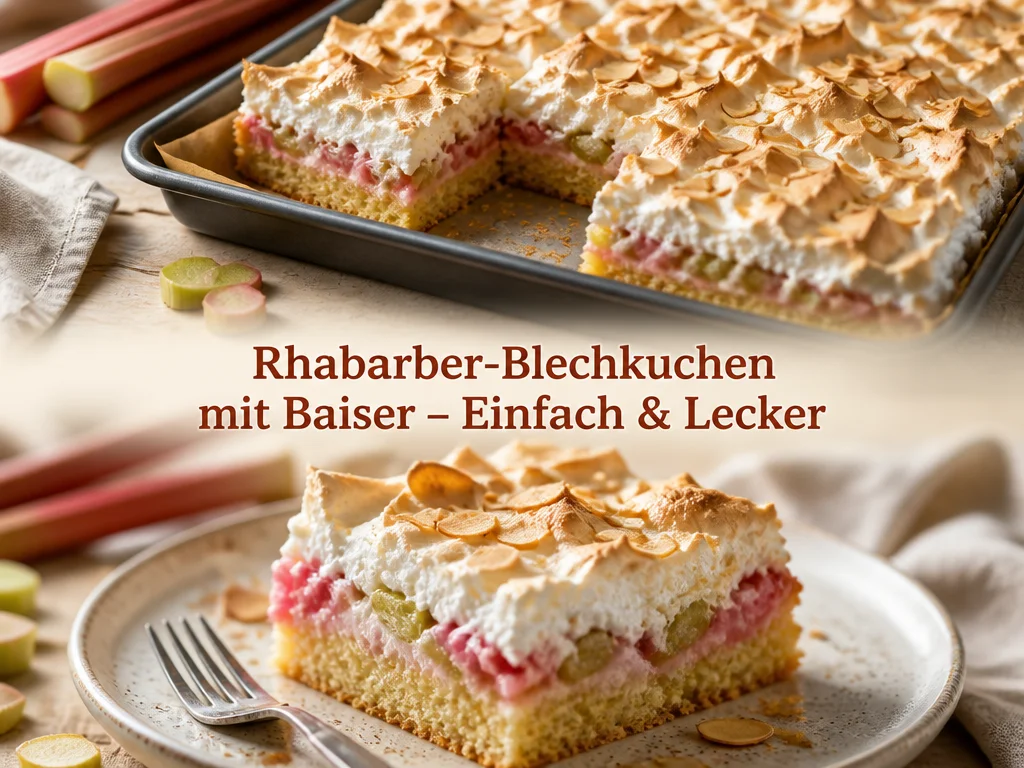 Rhabarber-Blechkuchen mit Baiser auf einem Teller serviert