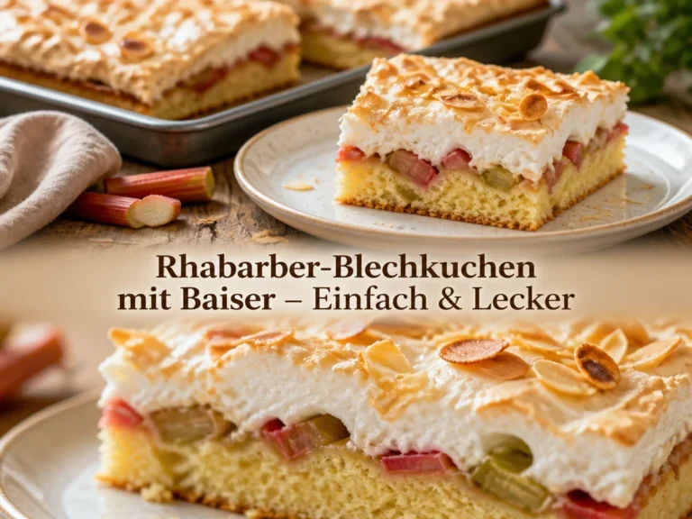 Rhabarber-Blechkuchen mit Baiser, frisch gebacken und serviert auf einem Holztisch