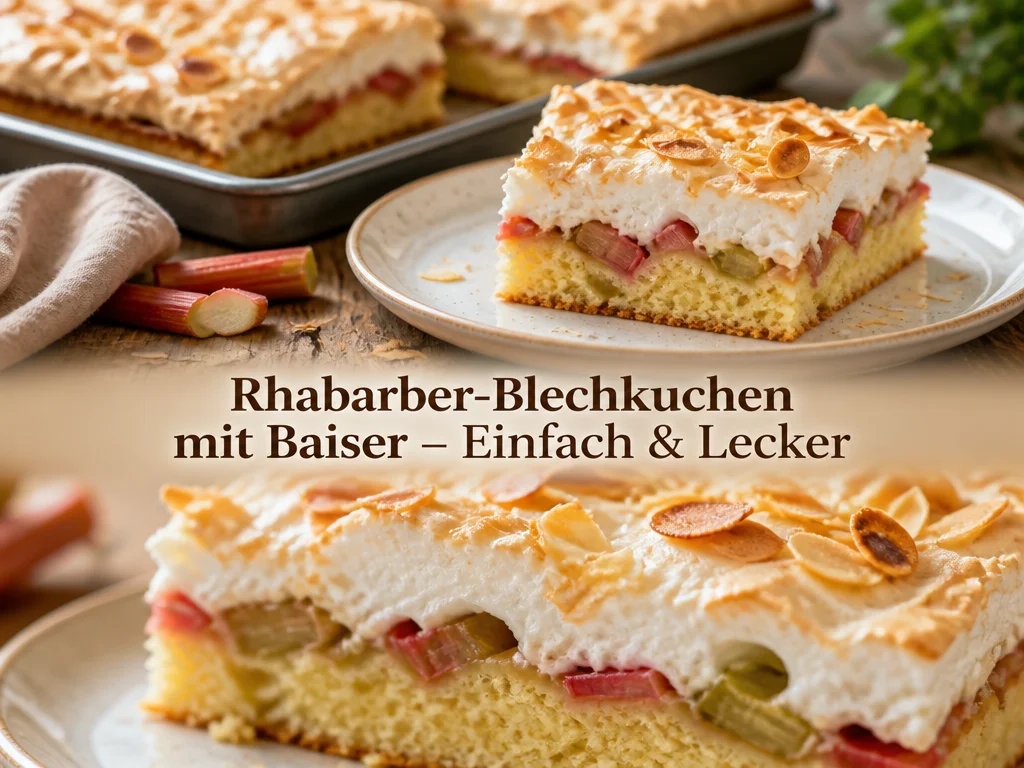 Rhabarber-Blechkuchen mit Baiser, frisch gebacken und serviert auf einem Holztisch