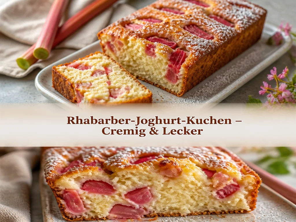 Cremiger und leckerer Rhabarber-Joghurt-Kuchen auf einem Tisch serviert.