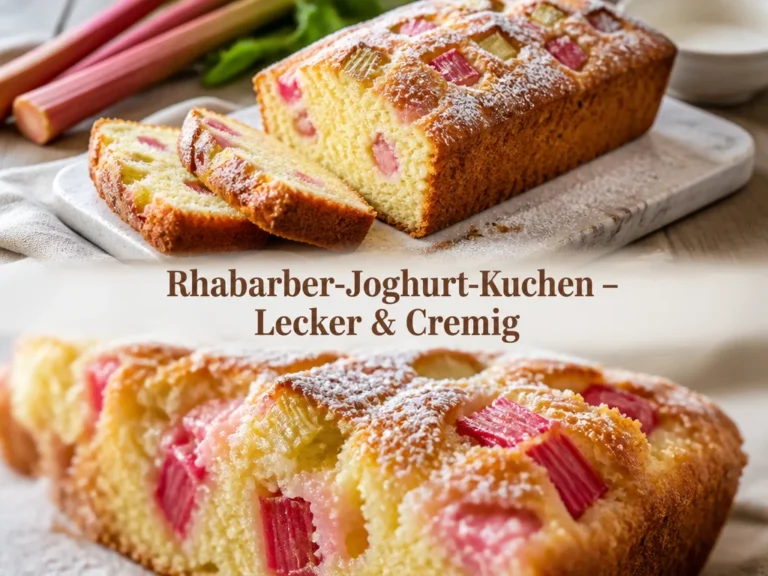 Rhabarber-Joghurt-Kuchen – lecker und cremig auf einem Teller angerichtet