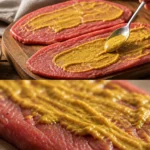 Saftige Rinderroulade gefüllt mit Gemüse und Speck auf einem Teller serviert.