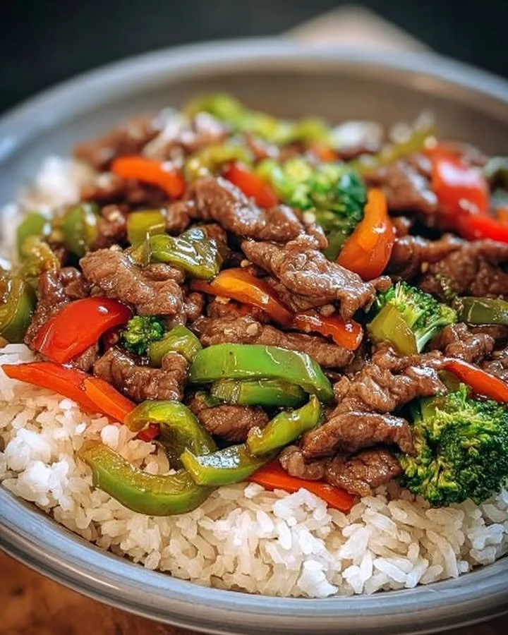 Rindfleisch-Pfanne mit Paprika und Reis