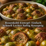 Rosenkohl-Eintopf mit frischem Gemüse und herzhaften Aromen serviert