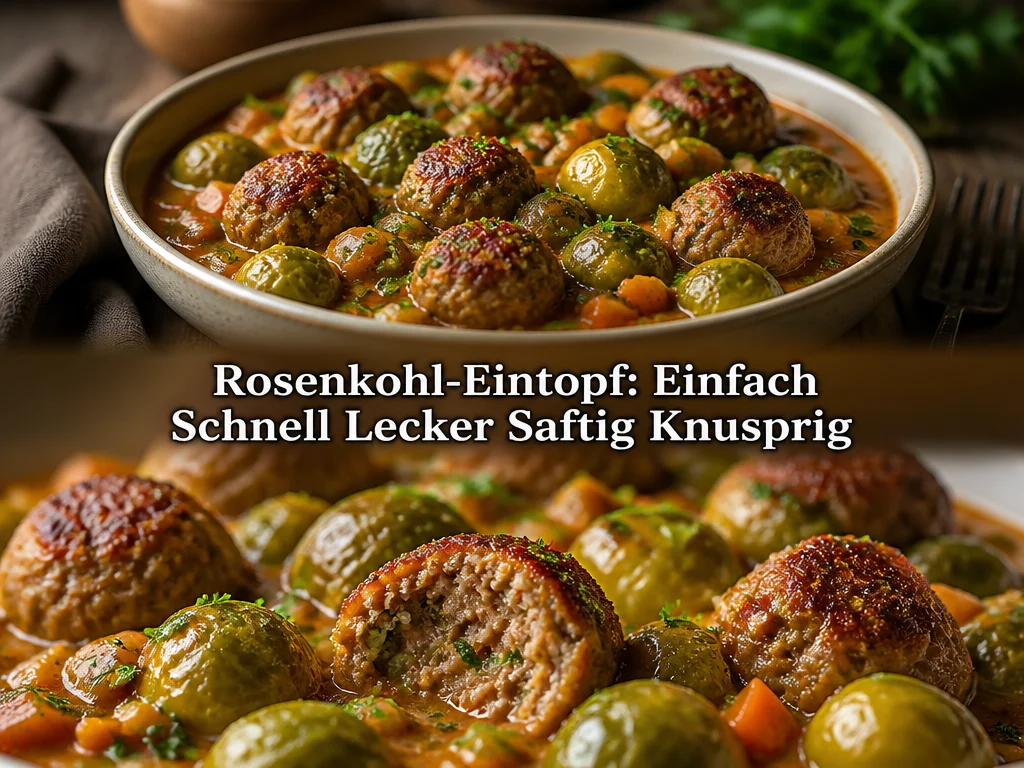 Rosenkohl-Eintopf mit frischem Gemüse und herzhaften Aromen serviert