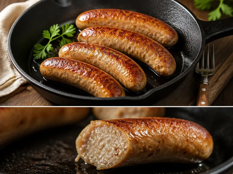 Saftige Bratwurst mit Kartoffelbrei und Salat auf einem Teller serviert