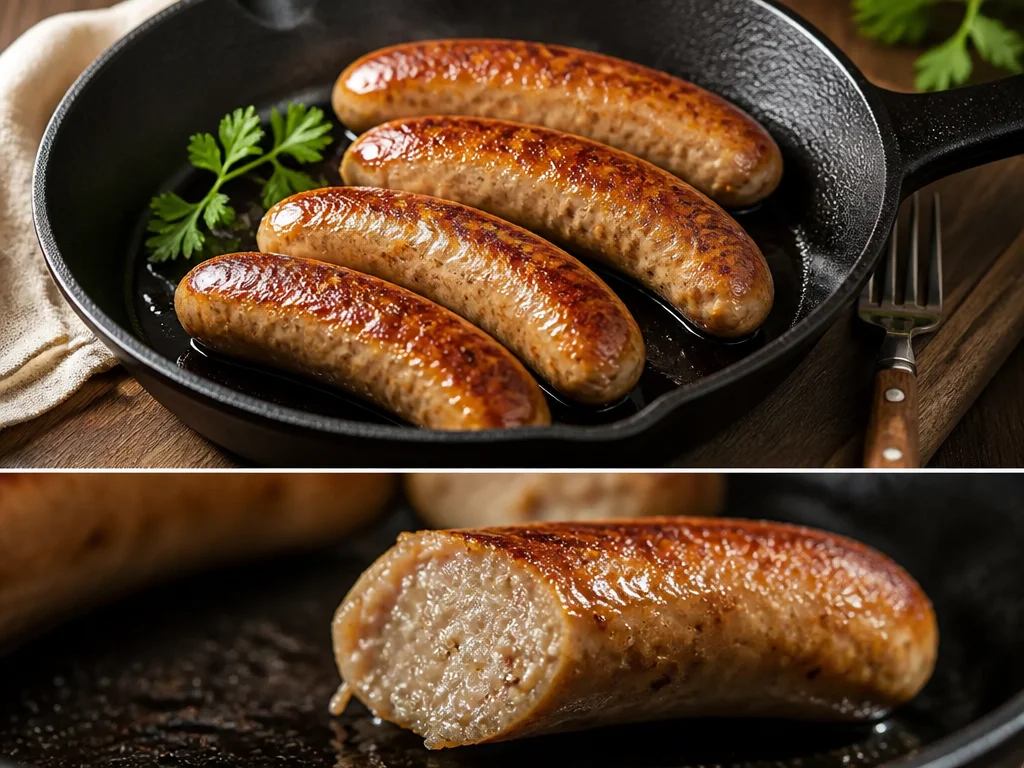 Saftige Bratwurst mit Kartoffelbrei und Salat auf einem Teller serviert