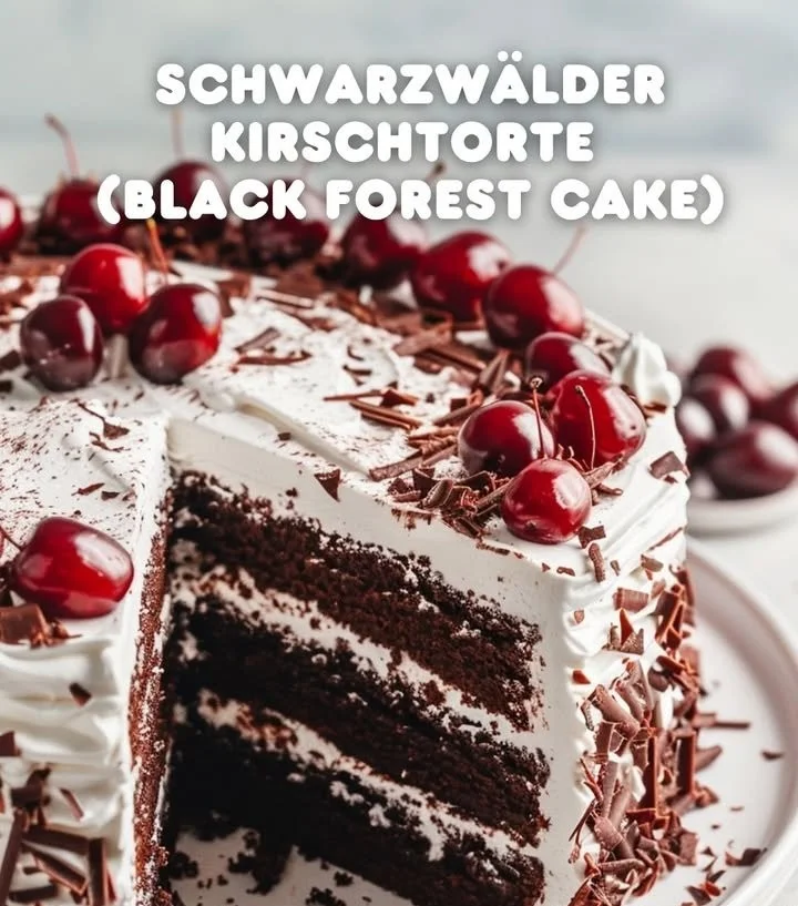 Saftige Schwarzwälder Kirschtorte mit Schokolade und Kirschen auf einem Teller.