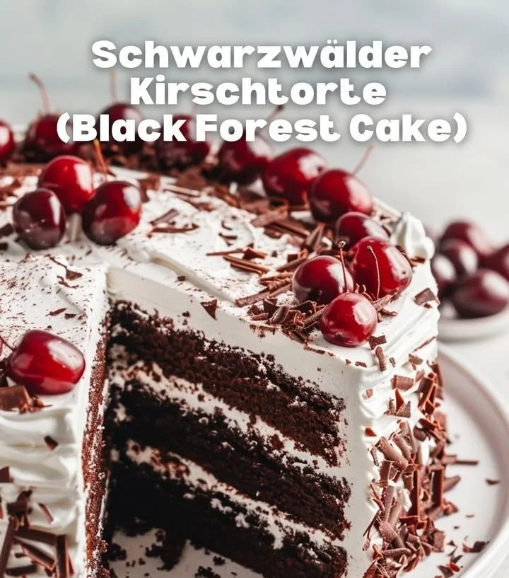 Saftige Schwarzwälder Kirschtorte auf einem eleganten Teller mit Kirschen und Sahne
