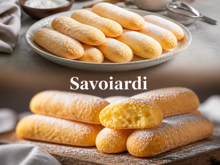 Savoiardi Biskuits auf einem Teller, perfekt für Desserts wie Tiramisu.