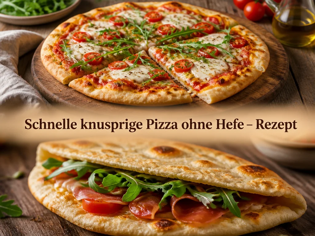 Schnelle knusprige Pizza ohne Hefe auf einem Teller