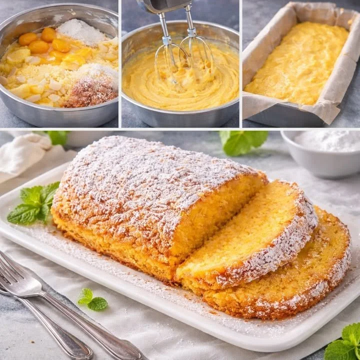 Schneller Vanillepudding-Kuchen auf einem Teller mit einer Tasse Kaffee