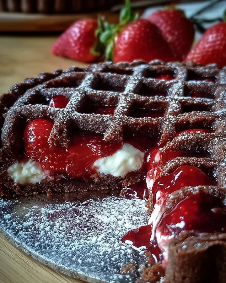 Schokoladenteig-Tarte mit Ricotta-Füllung und Erdbeermarmelade