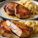 Schweinekoteletts mit Sauerkraut auf einem Teller serviert