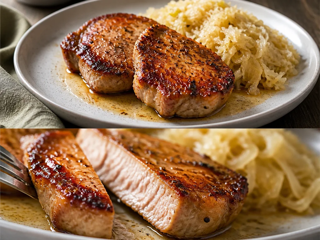 Schweinekoteletts mit Sauerkraut auf einem Teller serviert