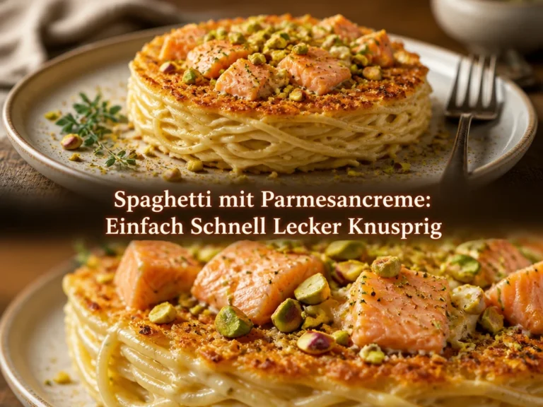 Leckere Spaghetti mit Parmesancreme, knusprig zubereitet.
