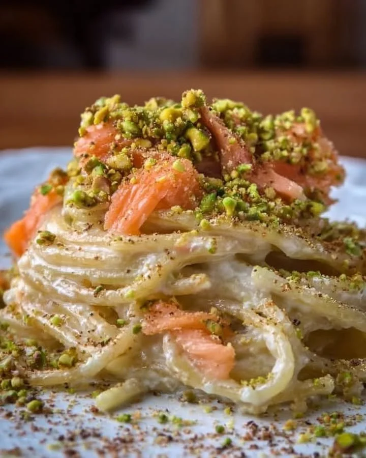 Spaghetti mit Parmesancreme, Pistazien und Lachs