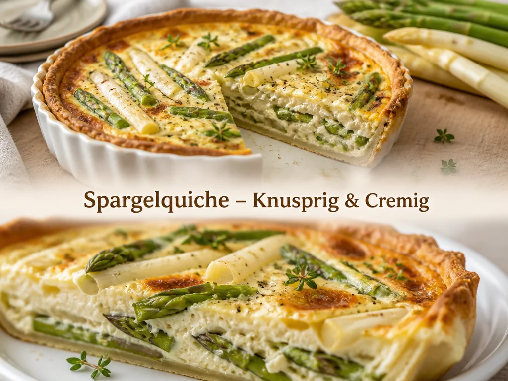 Knusprige und cremige Spargelquiche auf einem Teller angerichtet