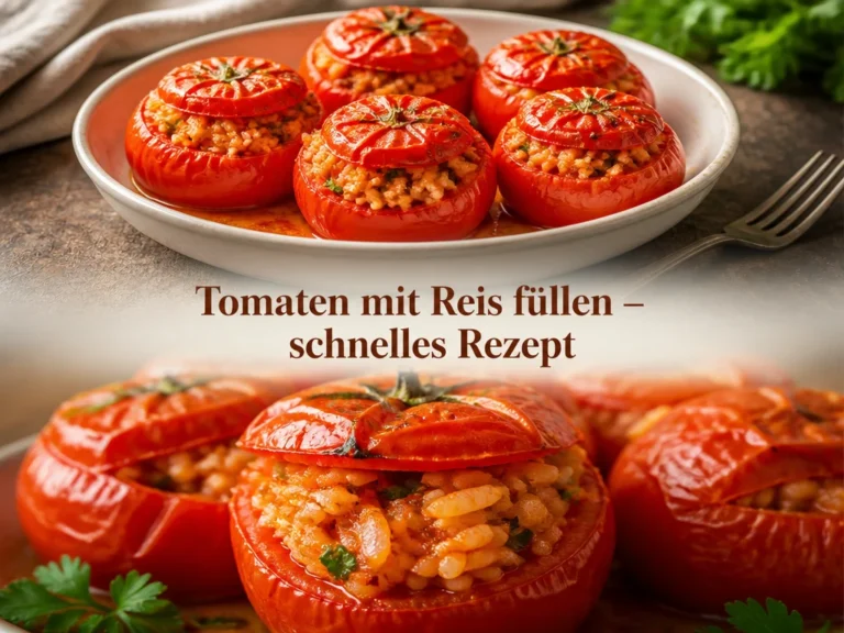 Gefüllte Tomaten mit Reis auf einem Teller, serviert mit frischen Kräutern.