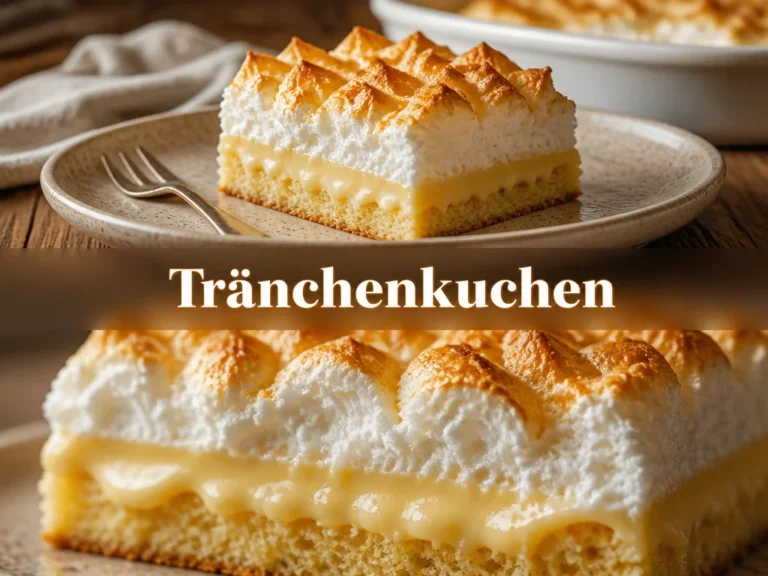 Ein saftiger Tränchenkuchen, dekoriert mit frischen Früchten und Sahne.